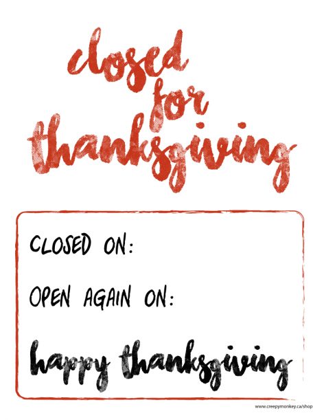 free closed for Thanksgiving sign