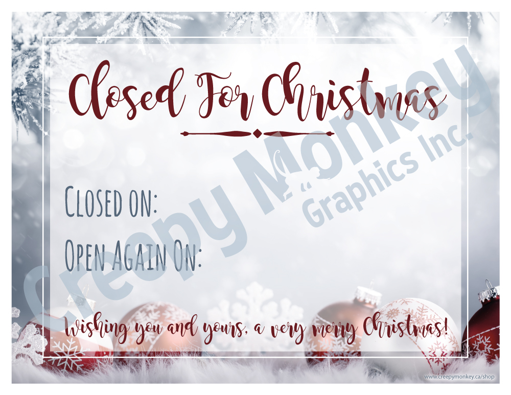 Closed for Christmas printable sign